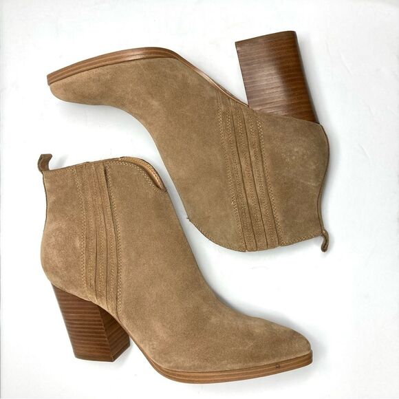 Marc Fisher Maree Suede Booties 9 Tan Ankle Western Block Heel Boots - Picture 1 of 16